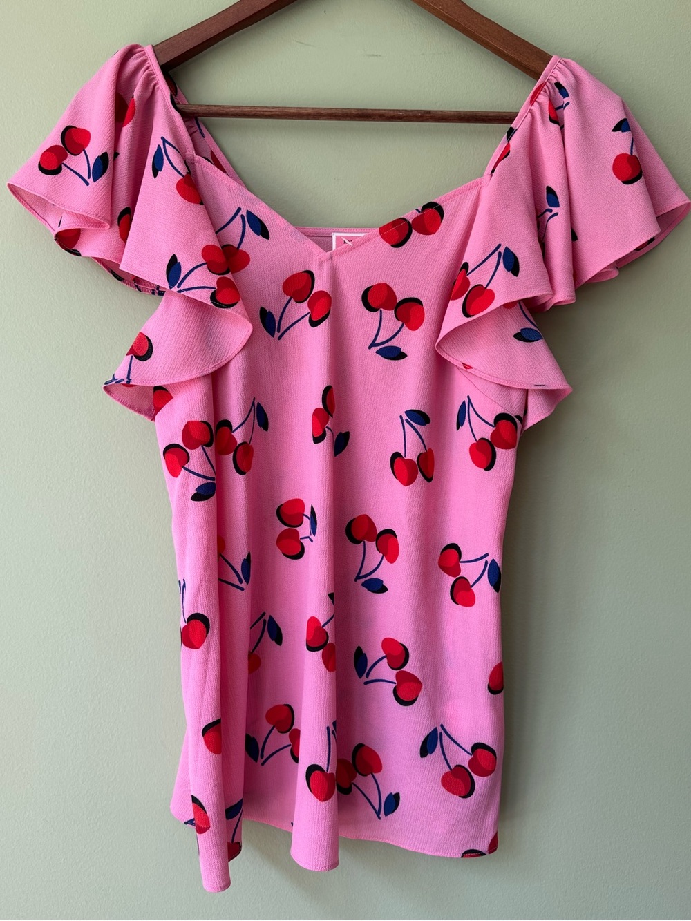 Kate Spade Pink Cherry Toss Print Flutter Ruffle Sleeve V-Neck Low Back Top